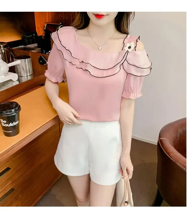 Sweet Slash Neck Off Shoulder Ruffles Blouses Female Clothing 2025 Summer New Loose Solid Color Korean Tops Puff Sleeve Shirts