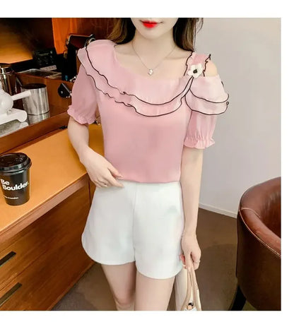 Sweet Slash Neck Off Shoulder Ruffles Blouses Female Clothing 2025 Summer New Loose Solid Color Korean Tops Puff Sleeve Shirts