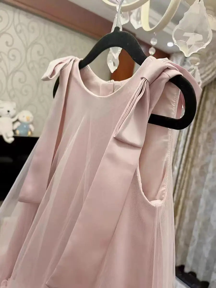 Korean Girls Party Dresses Edition Girls Sleeveless Bow Solid Color Sweet and Gentle Princess Dress Childrens New  Trend