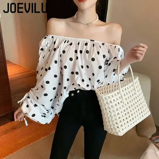 JOEVILU Polka Dot Shirt Off Shoulder Bubble Sleeve Tops Women's White Loose Simple Top French Casual Blouse In Spring and Summer