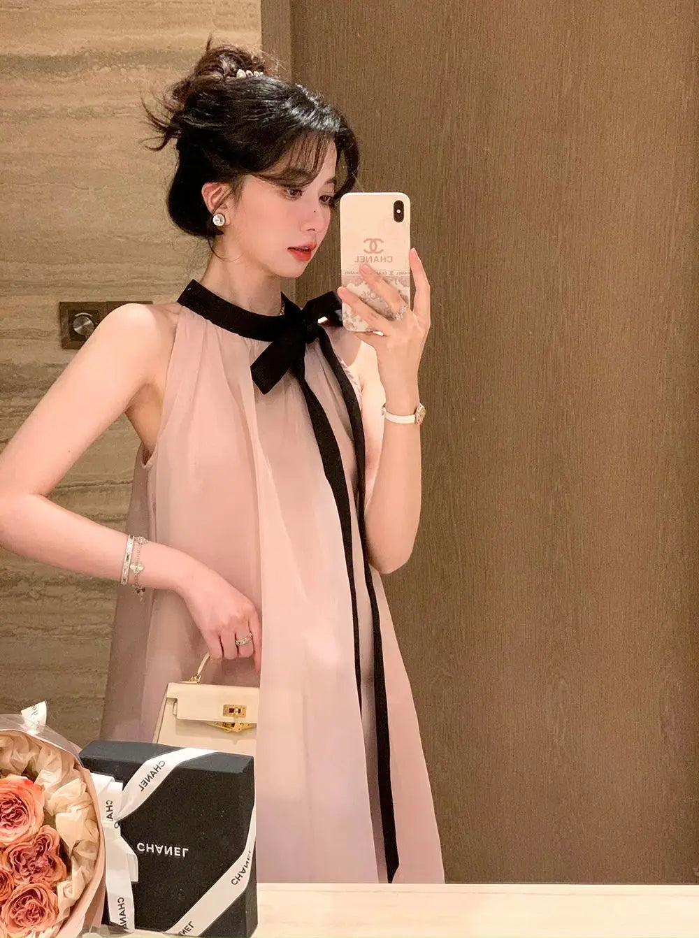 Women's Pink Halter Neck Maxi Dress With Black Bow Detail Sheer Chiffon Flowy Resort Party Dress