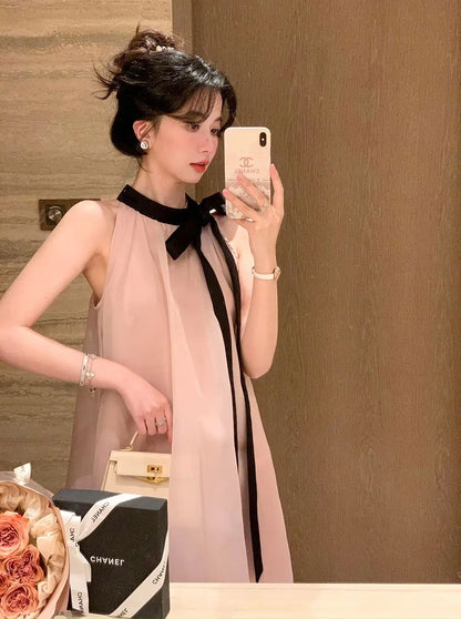 Women's Pink Halter Neck Maxi Dress With Black Bow Detail Sheer Chiffon Flowy Resort Party Dress