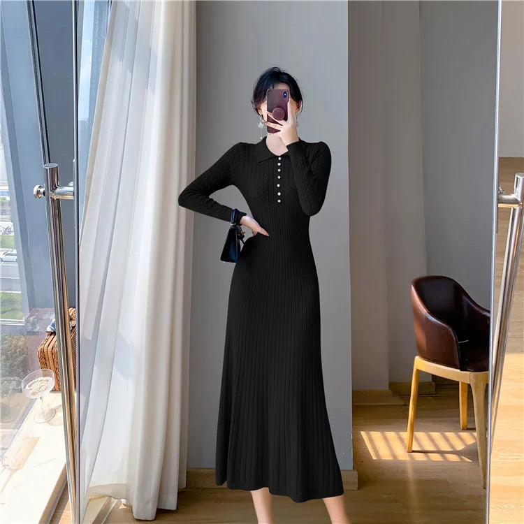 Sweater Dress Women New 2025 Autumn Winter Purple White Or Black High Waist A Line Dress Elegant Long Knitted Dress