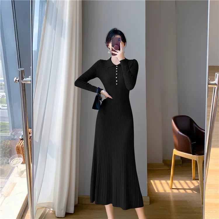 Sweater Dress Women New  Autumn Winter Purple White Or Black High Waist A Line Dress Elegant Long Knitted Dress (Available)