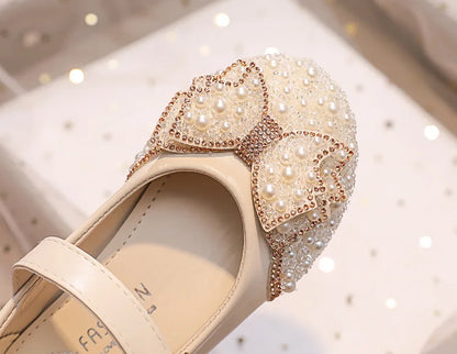 Fashion Girl Glitter Shoes Kids Flat Shoes Sequins Rhinestone Pearl Princess Bowknot Leather Shoes for Student Performance Party