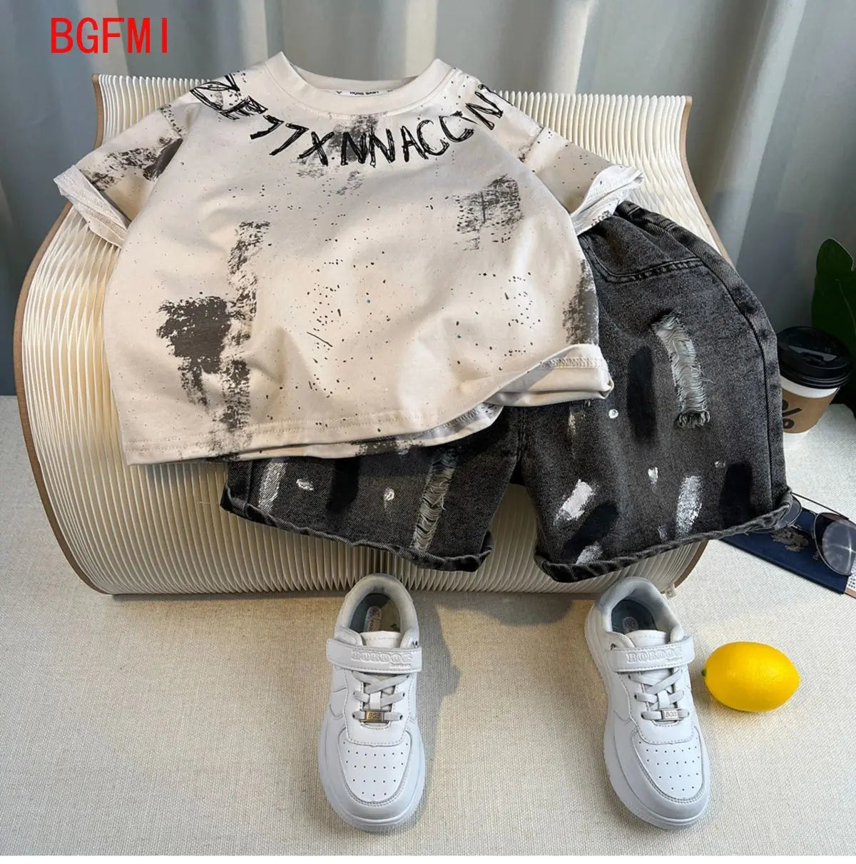 New Boys Fashion Summer Cotton Letter Printing T-shirts+Graffiti Denim Shorts 2pcs Set Kids Korean Outfits Sets Children Clothes