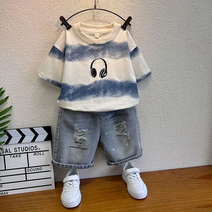 New Boys Sleeveless Vest Denim Shorts 2PC Sets Outdoor Festival Clothing Vintage Print Kids Miracle Design 2-10 Years White Tops