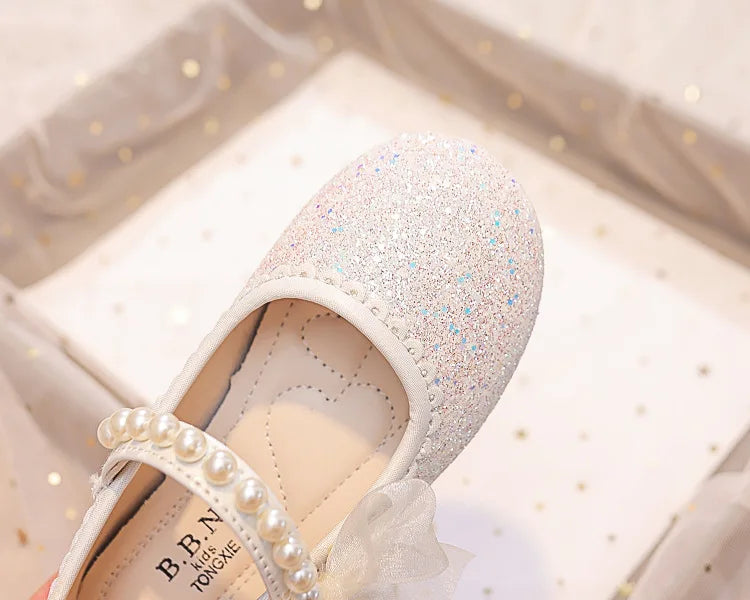 Fashion Girls Mary Janes for Party Wedding Shows Bow Pearls Elegant Princess Shoes Chic Kids Shoes Non-slip Children Fashion