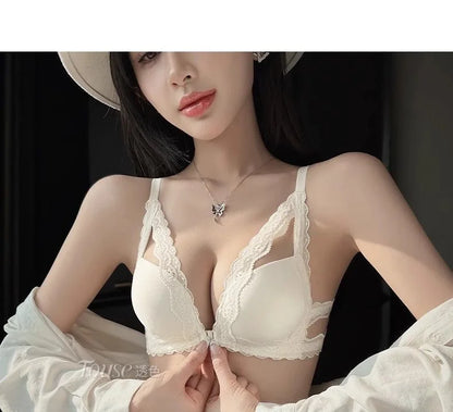 Front button underwear ladies small breasts gathered 2025 spring summer new sexy pure lace white beautiful back bra set