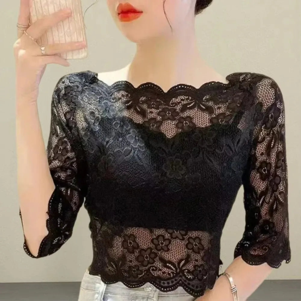 New One-word Collar Women Cropped Tops See-through Embroidery Half Sleeve Blouse Lace Pullover Tops Ladies