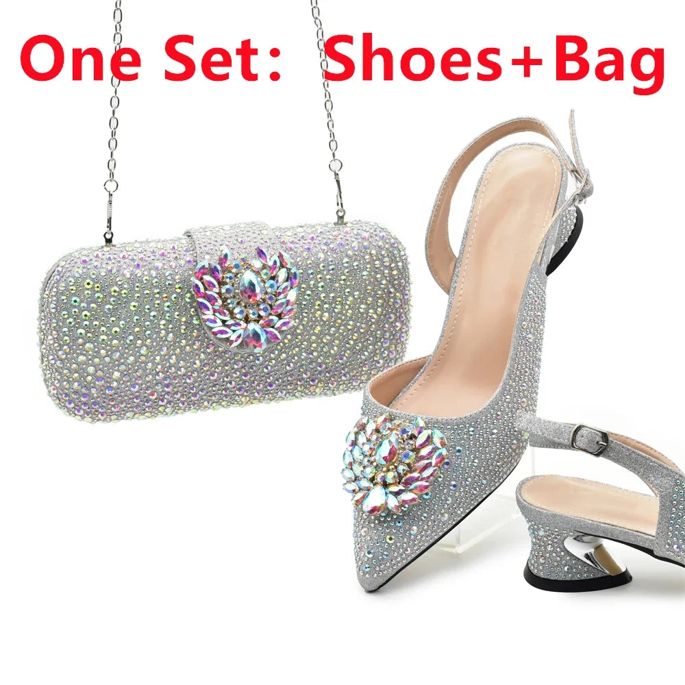 Luxury Designer Pumps Women Full Rhinestone Designer Shoe and Bag Sets From Italy