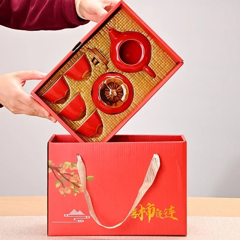 Auspicious Red Ceramic Tea Set Gift Box - Chinese New Year Wedding Corporate Gifts, Good Fortune Design Teapot & Cups