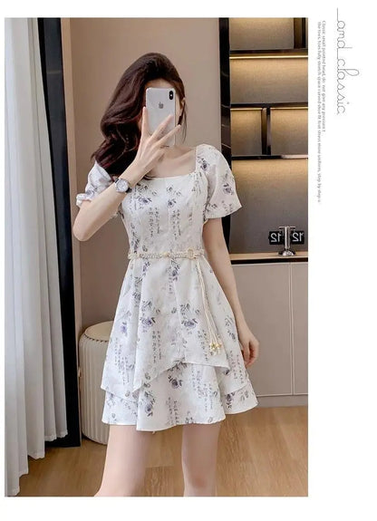 Summer New Chinese Sle Square Collar Bubble ort Sve Retro Waist Cinched A-Line  Dr Women's Faion Sweet Princ