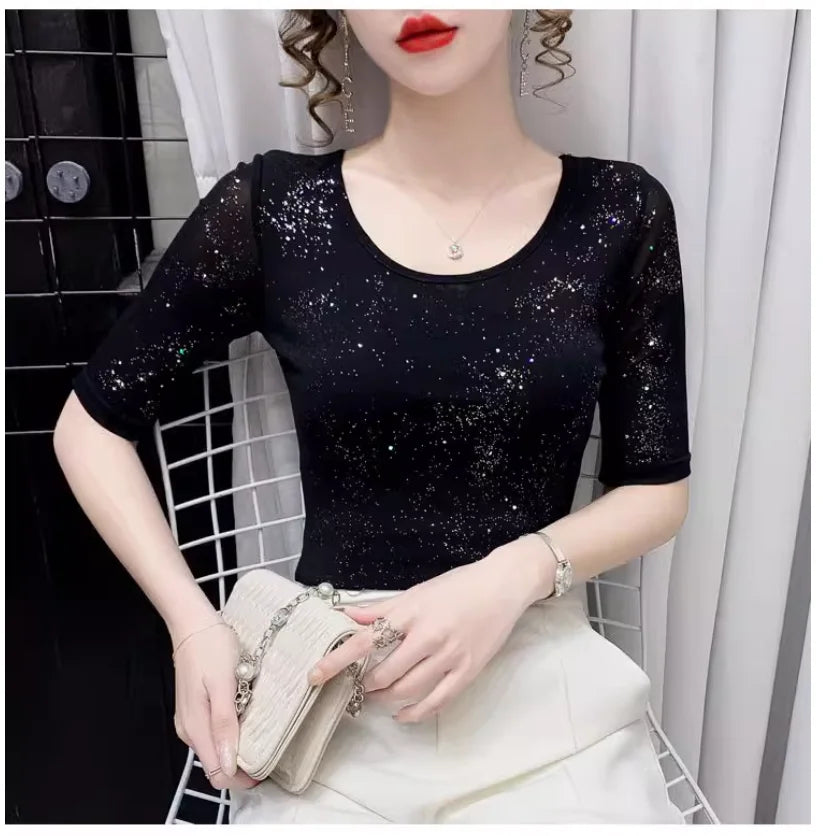 Summer Lady Mesh Tops Round Neck Short sleeved Bright Silk Tees Korean Fashion Black T shirt Women