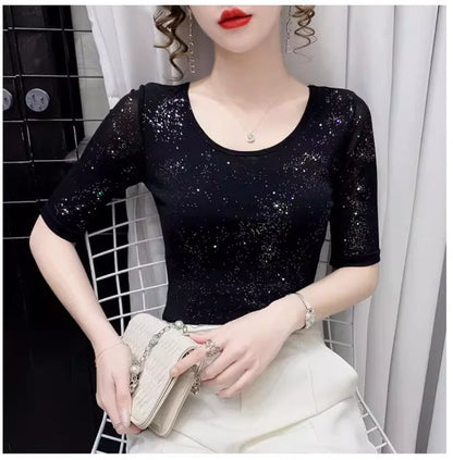 Summer Lady Mesh Tops Round Neck Short sleeved Bright Silk Tees Korean Fashion Black T shirt Women