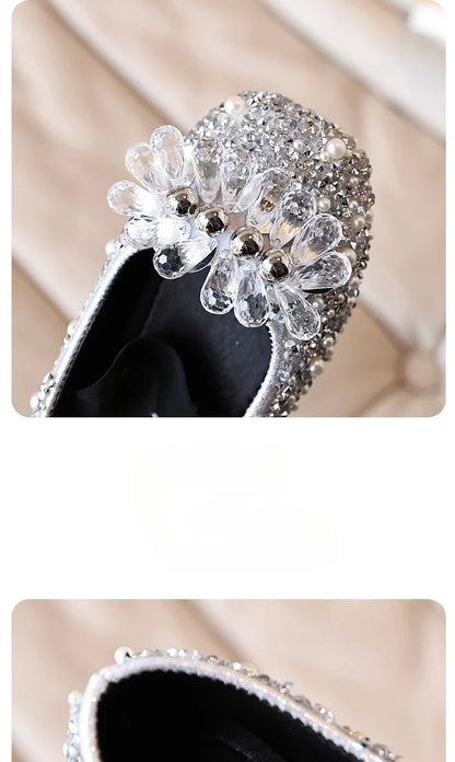Children's Shoe for Girl Fashion Rhinestone Kids Leather Shoes Sequins Princess Ballet Slip-on Versatile Toddler Casual Shoes