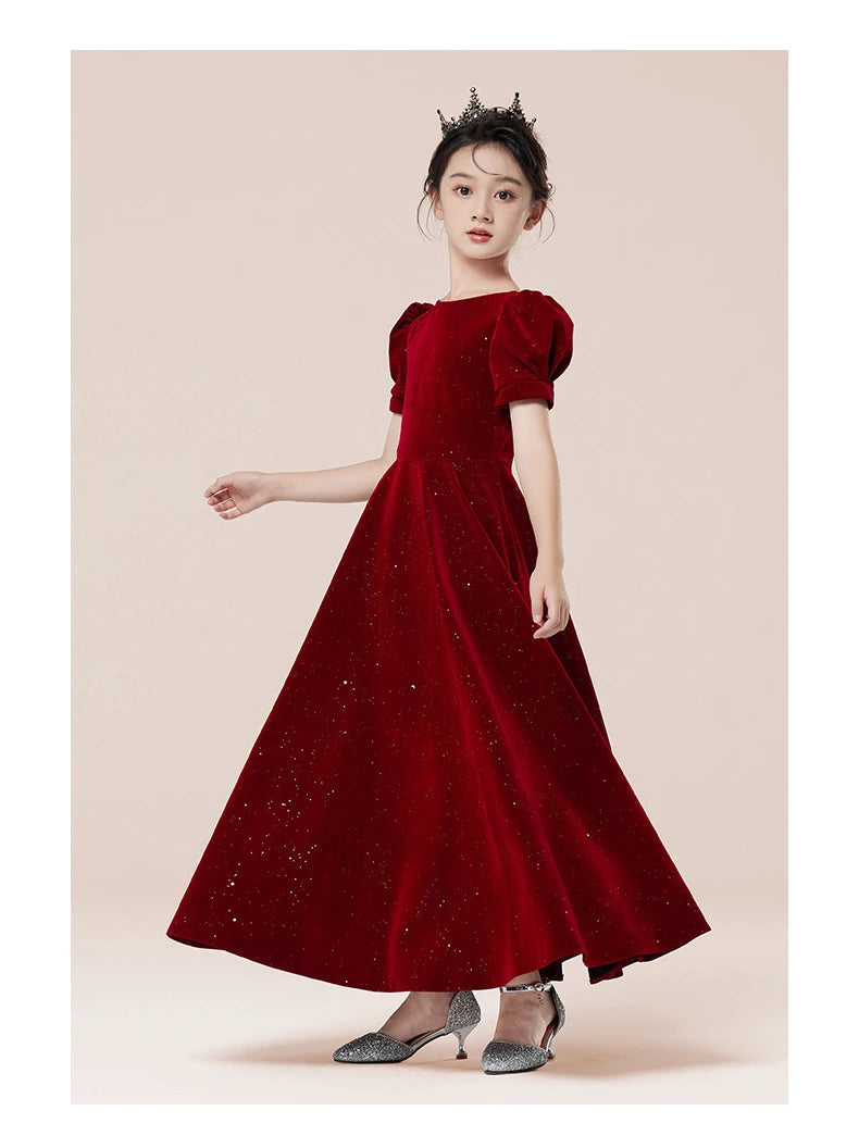 Kids Party Dress Clothing For Birthday Princess  Wine Red Piano Wedding Flower Girl 5-17 Years Old  Host Children's Formal Dress