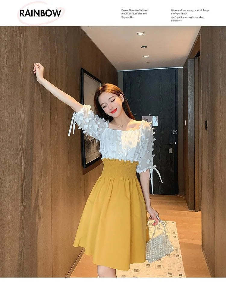 Women Summer French Style Elastic Waist Dress Korean Edition New Splicing Design Slim Half Sleeve Fairy Knee-length Dresses