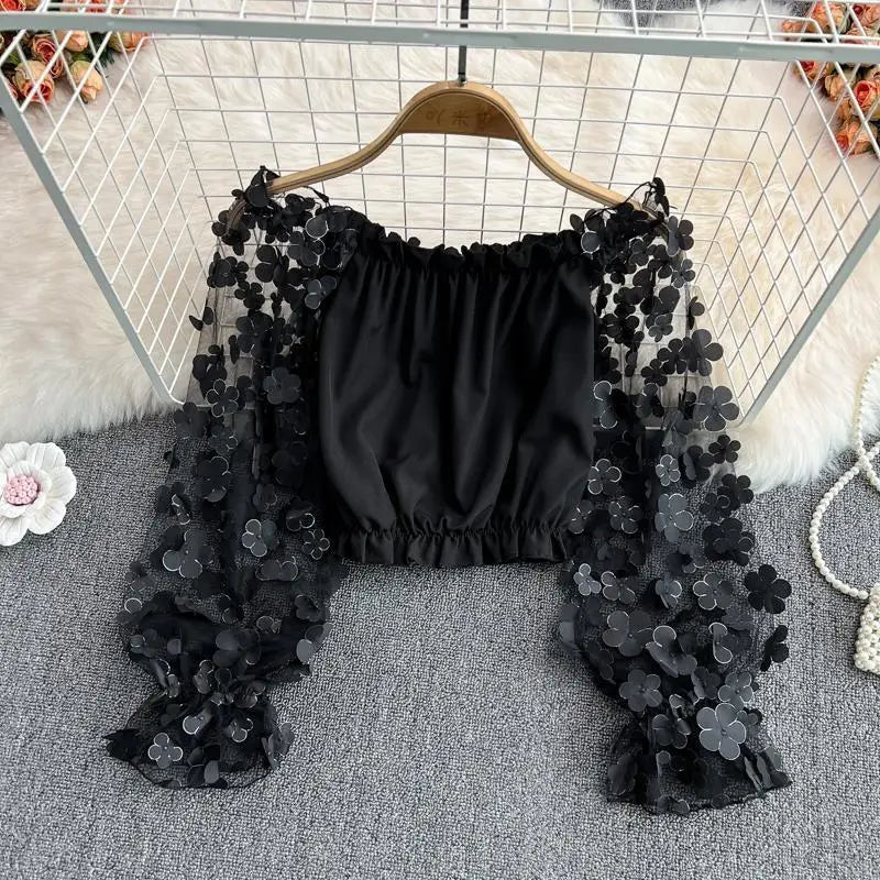 Flower Three-dimensional Decoration Slash Neck Long Sleeve Women's Blouse Shirt Korean Fashion Female Clothing Tops 2024 Summer
