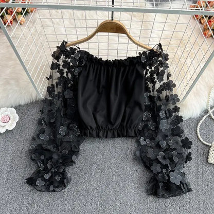 Flower Three-dimensional Decoration Slash Neck Long Sleeve Women's Blouse Shirt Korean Fashion Female Clothing Tops 2024 Summer