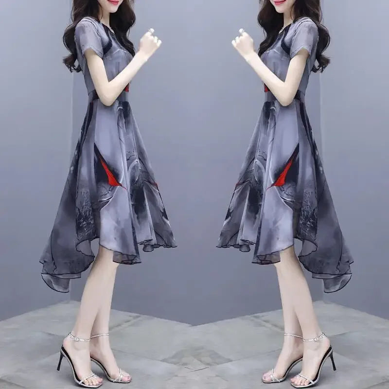 Summer New Women Short Sleeve Korean Elegant Ventilate Spliced Slim Printed Asymmetrical Dovetail Round Neck A-line Dresses B50
