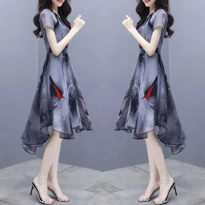 Summer New Women Short Sleeve Korean Elegant Ventilate Spliced Slim Printed Asymmetrical Dovetail Round Neck A-line Dresses B50