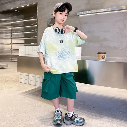 Hip Hop Children Cotton Solid Sportswear Kid Boys Clothing Set Boys Summer Suit Teen Boys Short Sleeve + Pants 2piece  loose