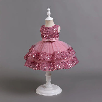 2025 Summer Girls Party Dresses 1-6 Years Kids Glittering Princess Dress Baby High-end First Birthday Party Evening Dress