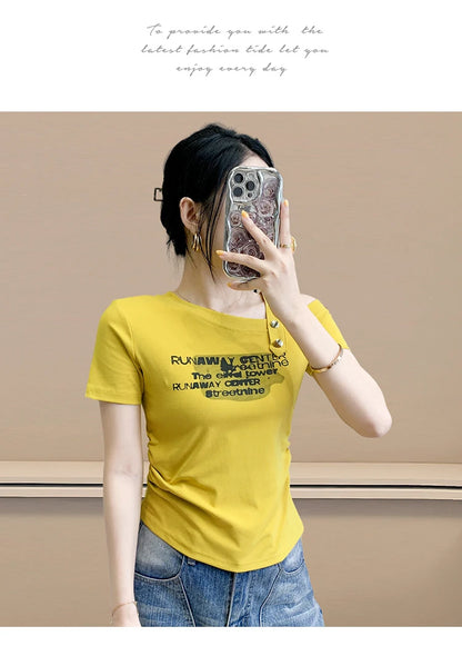 Sexy oulder Bared T irt Women's ort Sve Asymmetrical Collar Faionable Slimming Top Korean Sle Cotton Blend Summe...