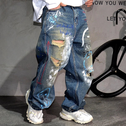 High End Men'S Clothing Hip Hop Graffiti Baggy Jeans For Men Streetwear Skateboard Ripped Jeans Korean Trendy Denim Trousers  ( Available )