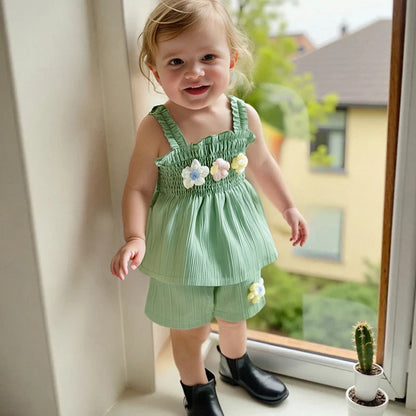 0-4years Baby Girl Summer Outfit 3D Flower Design Ruffled Trim Smocked Sleeveless Tops and Shorts 2 Pcs Set for Toddler girls