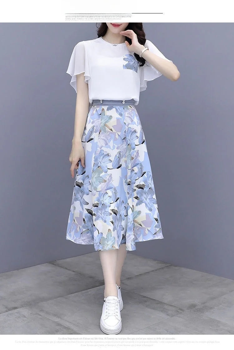 Floral Print Chiffon Dr Set Women's Summer Faion Slimming ular f-length Skirt Two-piece Set round Ne ort Sve