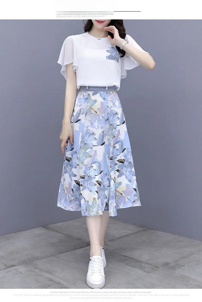 Floral Print Chiffon Dr Set Women's Summer Faion Slimming ular f-length Skirt Two-piece Set round Ne ort Sve