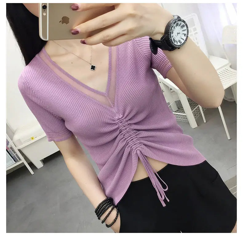 Ice Silk Short Sleeve T-shirt for Women in Summer New Thin V Neck Drawstring Solid Color Casual Tops Fashion Office Clothing