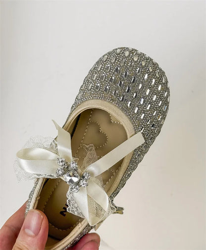 Children Shoes For Girls Leather Bow Rhinestone Princess Shoes Soft Sole Outdoor Fashion Kids Sneakers EU 26-33