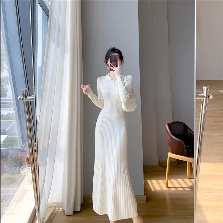 Sweater Dress Women New  Autumn Winter Purple White Or Black High Waist A Line Dress Elegant Long Knitted Dress (Available)