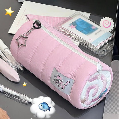 INS Pink Pen Bag Soft Towel Roll Large Capacity Pencil Case Stationery Cosmetic Storage Bag Organizer Creative Students Gift