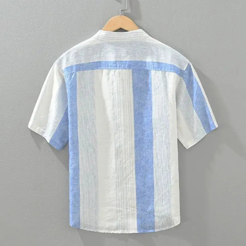 Fashion Stand Collar Printed Spliced Striped Shirts Men's Clothing 2025 Summer New Loose Short Sleeve Casual Tops Vintage Shirts(Available)