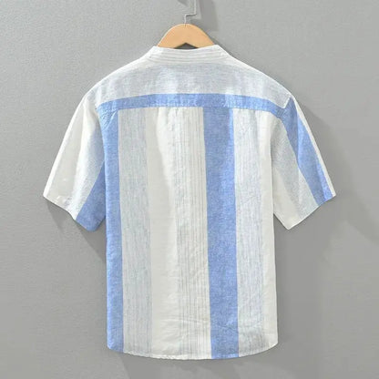 Fashion Stand Collar Printed Spliced Striped Shirts Men's Clothing 2025 Summer New Loose Short Sleeve Casual Tops Vintage Shirts(Available)