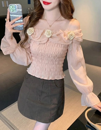 Sweet oulder One-oulder 3D Flower Bell Sve Women's irt Spring New Sle Waist Cinching Beautiful Top Ci Walk ort...