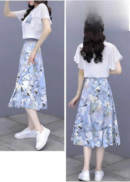 Floral Print Chiffon Dr Set Women's Summer Faion Slimming ular f-length Skirt Two-piece Set round Ne ort Sve