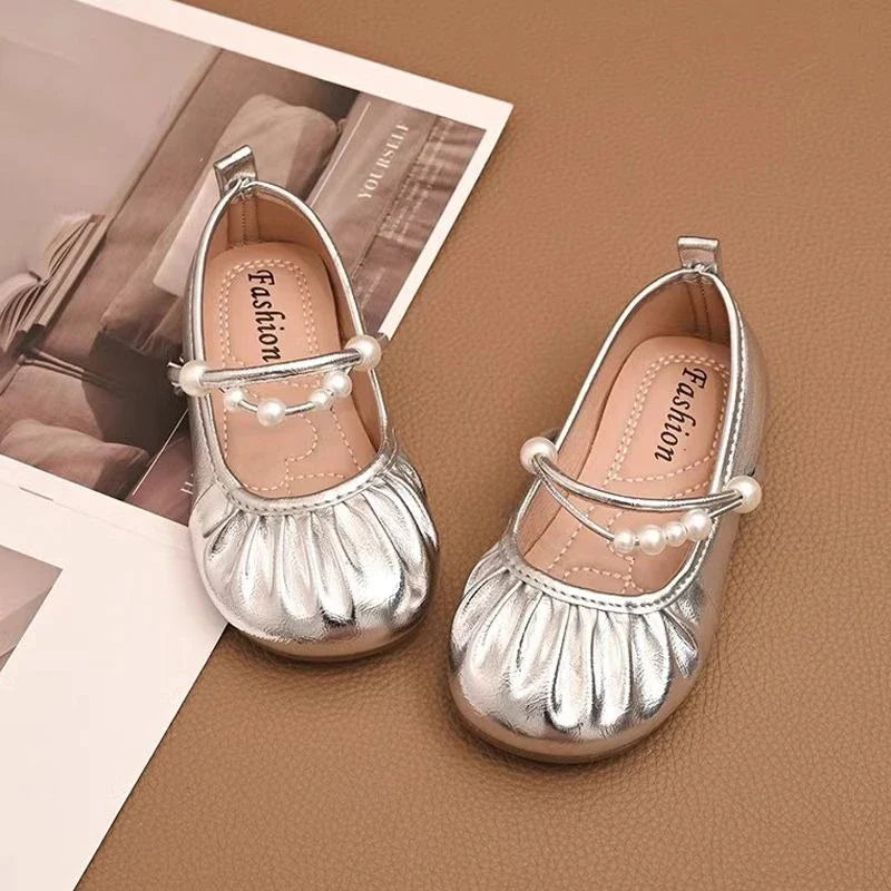 Fashion Girls Soft Sole Princess Leather Shoes Spring Autumn New Style Pearl Embellished Kids Loafers