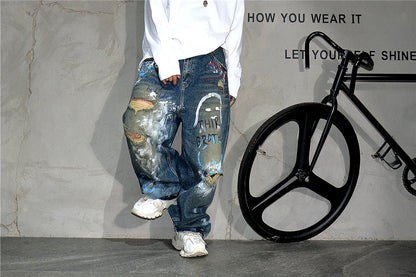 High End Men'S Clothing Hip Hop Graffiti Baggy Jeans For Men Streetwear Skateboard Ripped Jeans Korean Trendy Denim Trousers  ( Available )