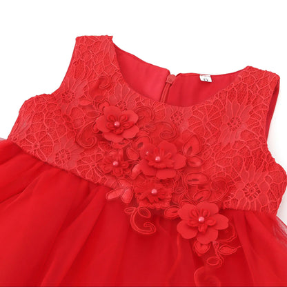Toddler Girls Party Dress Infant Baby Christmas New Year Red Lace Flower Beaded Princess Dress For Newborns Wedding Baptism Gown