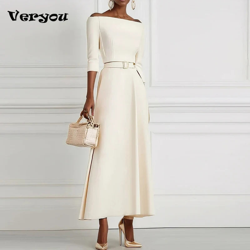 Elegant Party Dresses For Women One Shoulder Half Sleeve High Waisted A-Line Long Dress Women Offfice Dress White (Available)