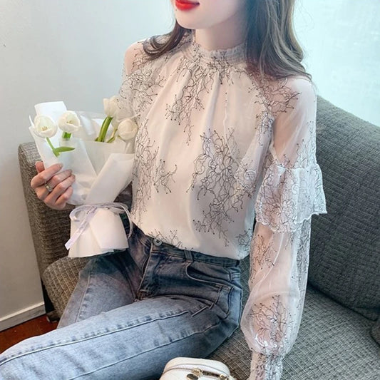 Chiffon Women's Shirt and Blouse Lace Flowers Luxury Designer Youthful Woman Clothes Vintage Clothing Female Tops Trend 2025 New