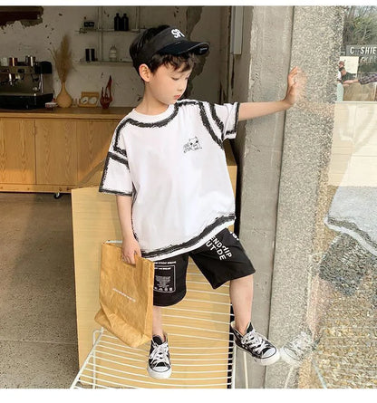 Summer Casual Boys Cotton Contrast Alphabet Graffiti t-Shirt Top+Shorts Pant Set School Kids Tracksuit Child 2PCS Outfit 5-14 Yr