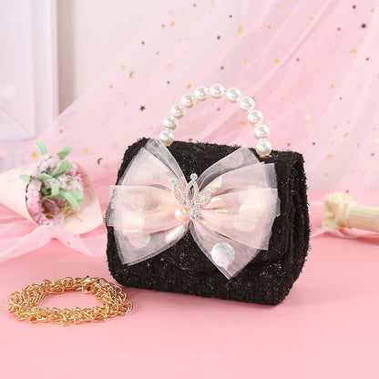 Pink Princess Crown Colorful Bow Children's Bag Fashion Hand-held Pearl Diagonal Girl Cross Body Shoulder Messenger Bags Purse
