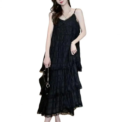 Women Dress Elegant V-neck Lace Maxi Dress for Women Solid Color Sling Dress with Multi Layer Design Stylish Loose Cut Evening