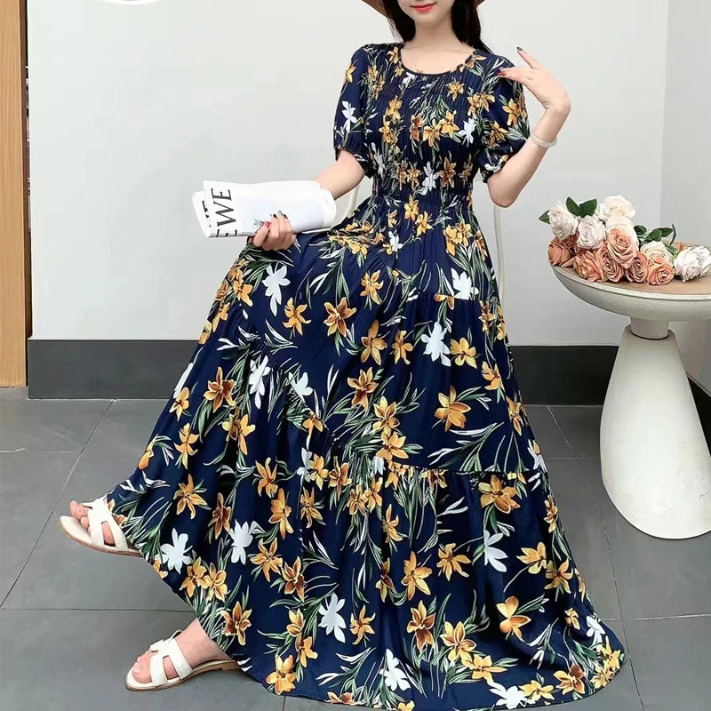 Summer New Cotton Silk Dr Casual High Waist Floral Print Beachwear Outerwear Slimming Waist Long Skirt A-Line Gown